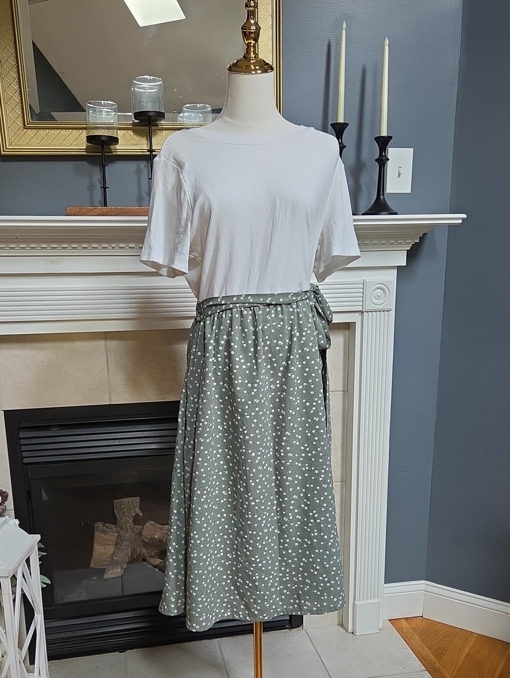 Green & Cream Floral Midi Dress with Waist Tie